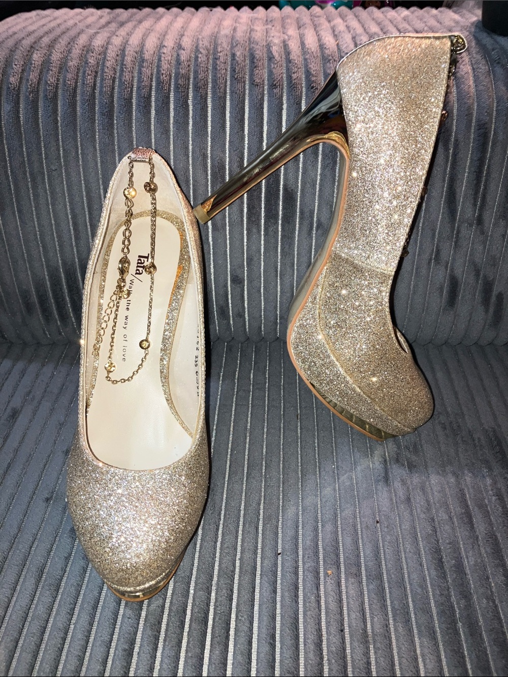 Gold Glitter Platform Stiletto Heels with Rhinestone & Gold Tone Anklet